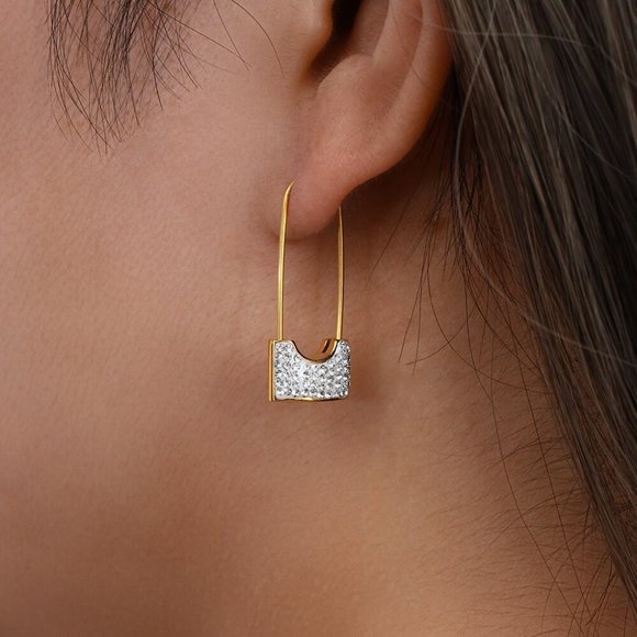 Safety Pin Lock White Zircon Dangle Earrings 18K Gold Plated Stainless - Picture 3 of 9